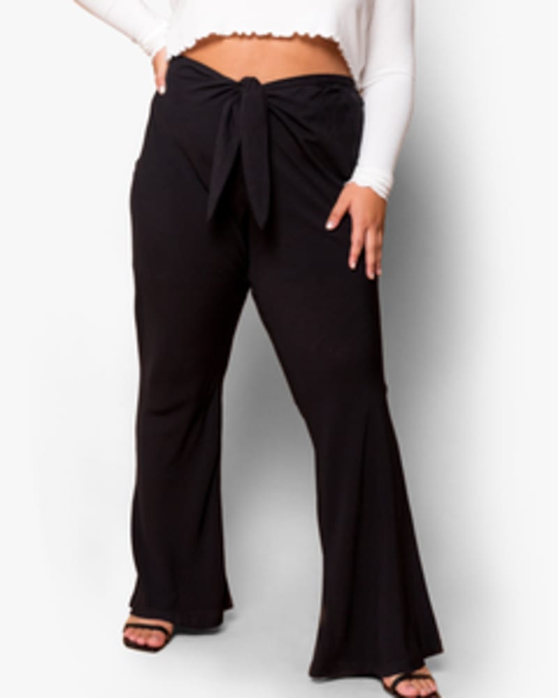 Front of a model wearing a size XL Miranda Slim Flare Pant in Black by Lovefool. | dia_product_style_image_id:250075